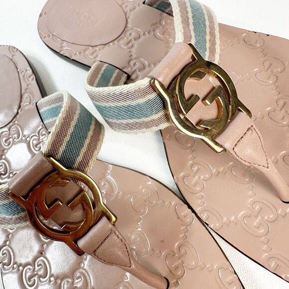 GUCCI Nude Web Stripe GG Sandal 37.5 Flat Flip Flop Leather Guccissima Embossed - Picture 10 of 13